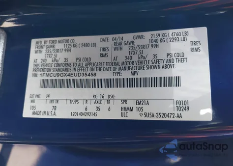 2014 Ford Escape Se из США, поврежденный, VIN 1FMCU9GX4EUD35458